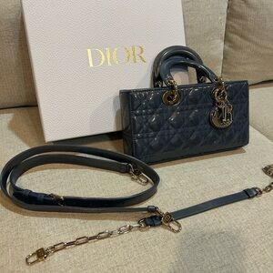 Dior Patent Quilted Crossbody Bag in iridescent blue with Gold Hardware